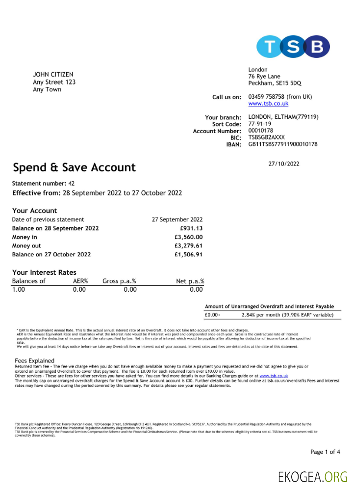 Modèle Excel et PDF de relevé bancaire TBS du Royaume Uni, 4 pages 1
